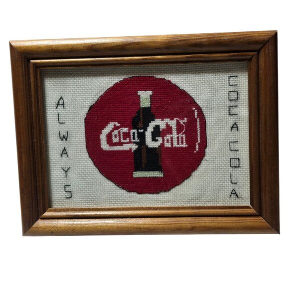 Vintage Coca Cola Cross Stitch Art In Wooden Frame Soda Pop Collectible  8 x 6 - Picture 11 of 11